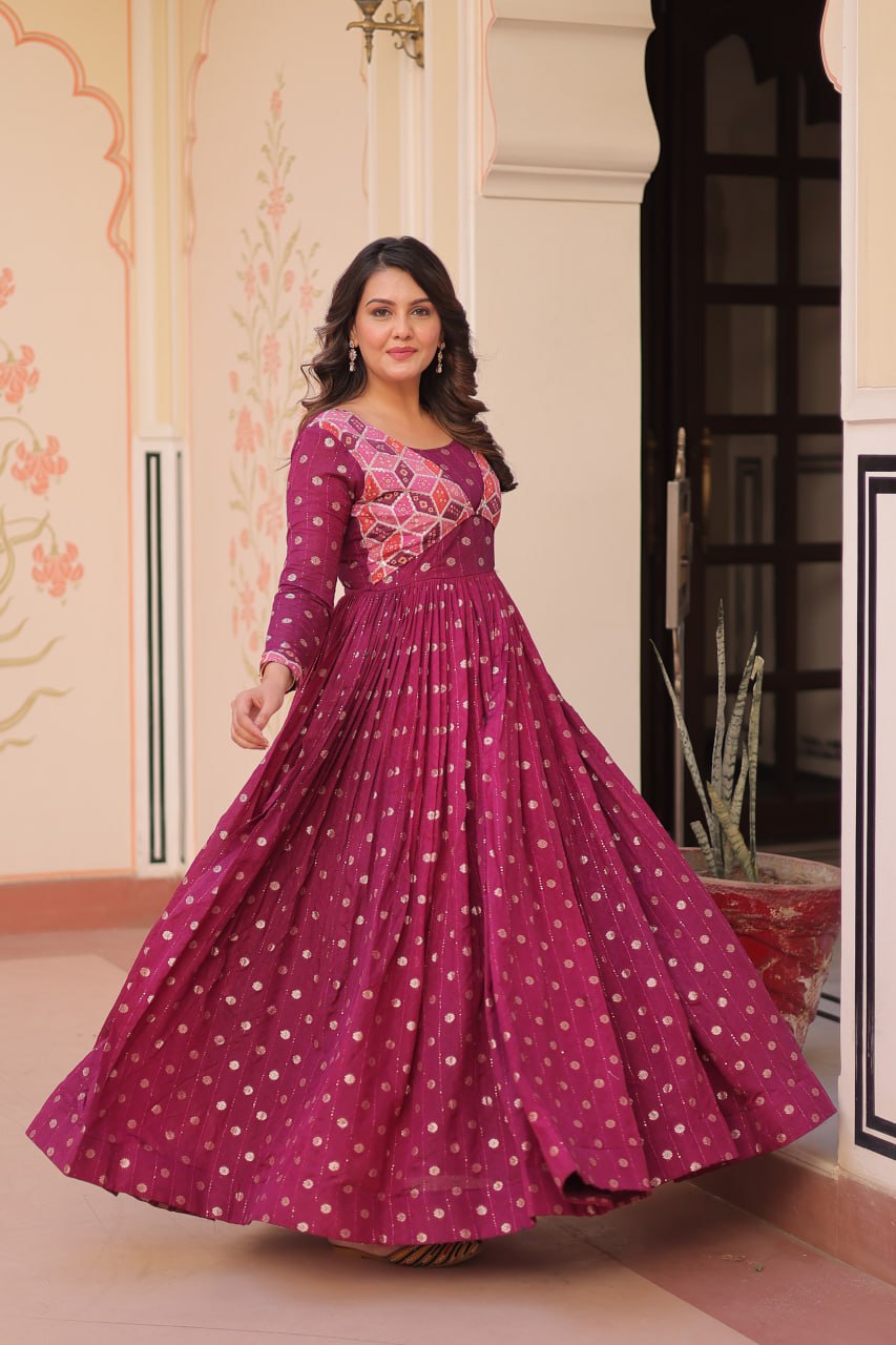 Wine Staple Jequard Weaving Work Gown