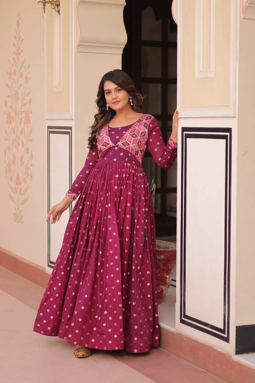 Wine Staple Jequard Weaving Work Gown