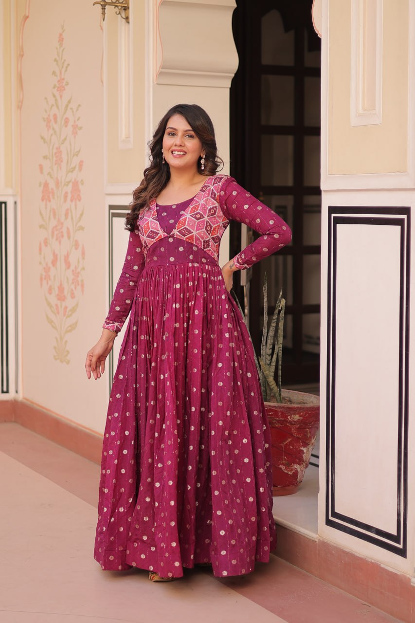 Wine Staple Jequard Weaving Work Gown