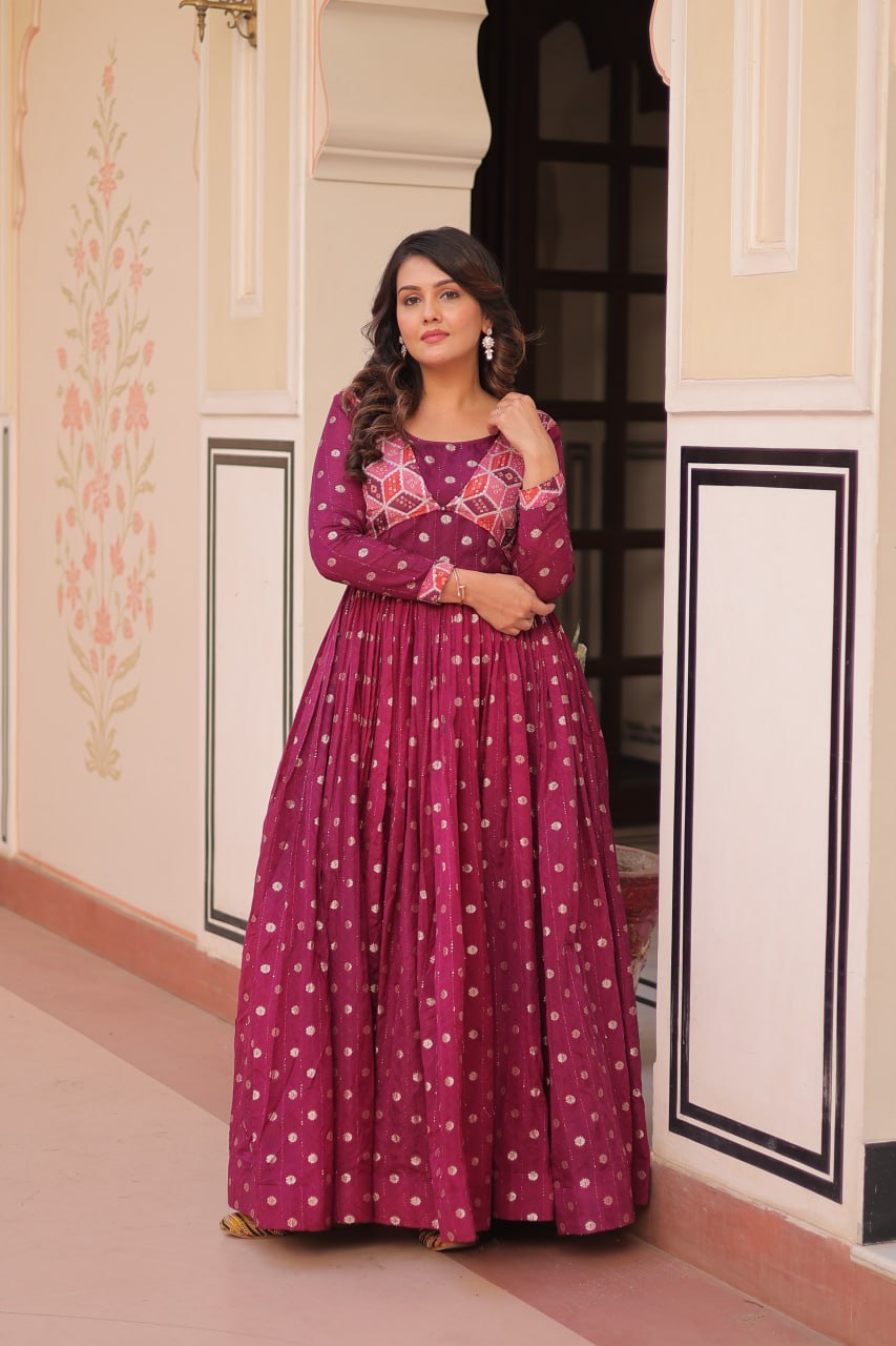 Wine Staple Jequard Weaving Work Gown