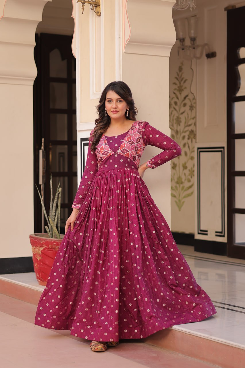 Wine Staple Jequard Weaving Work Gown