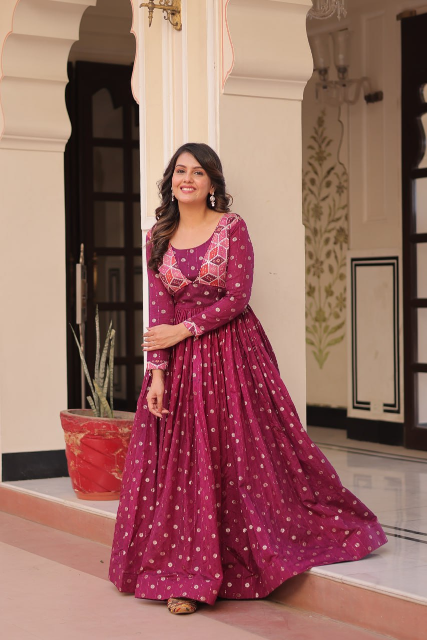 Wine Staple Jequard Weaving Work Gown