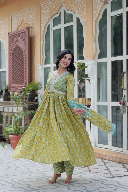 Green Pure Cotton Readymade Kurti With Pant Dupatta Set