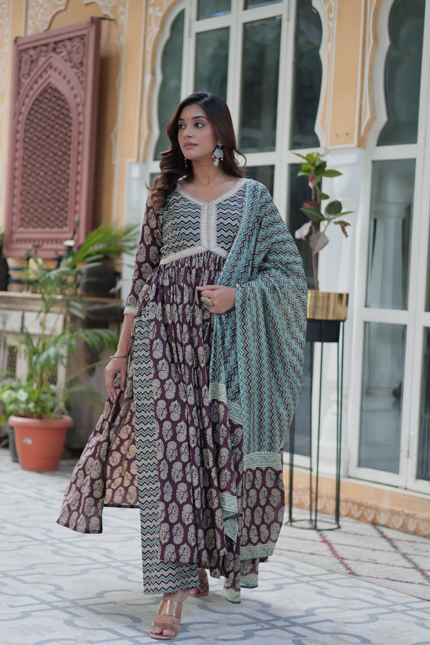 Wine Pure Cotton Readymade Kurti With Pant Dupatta Set