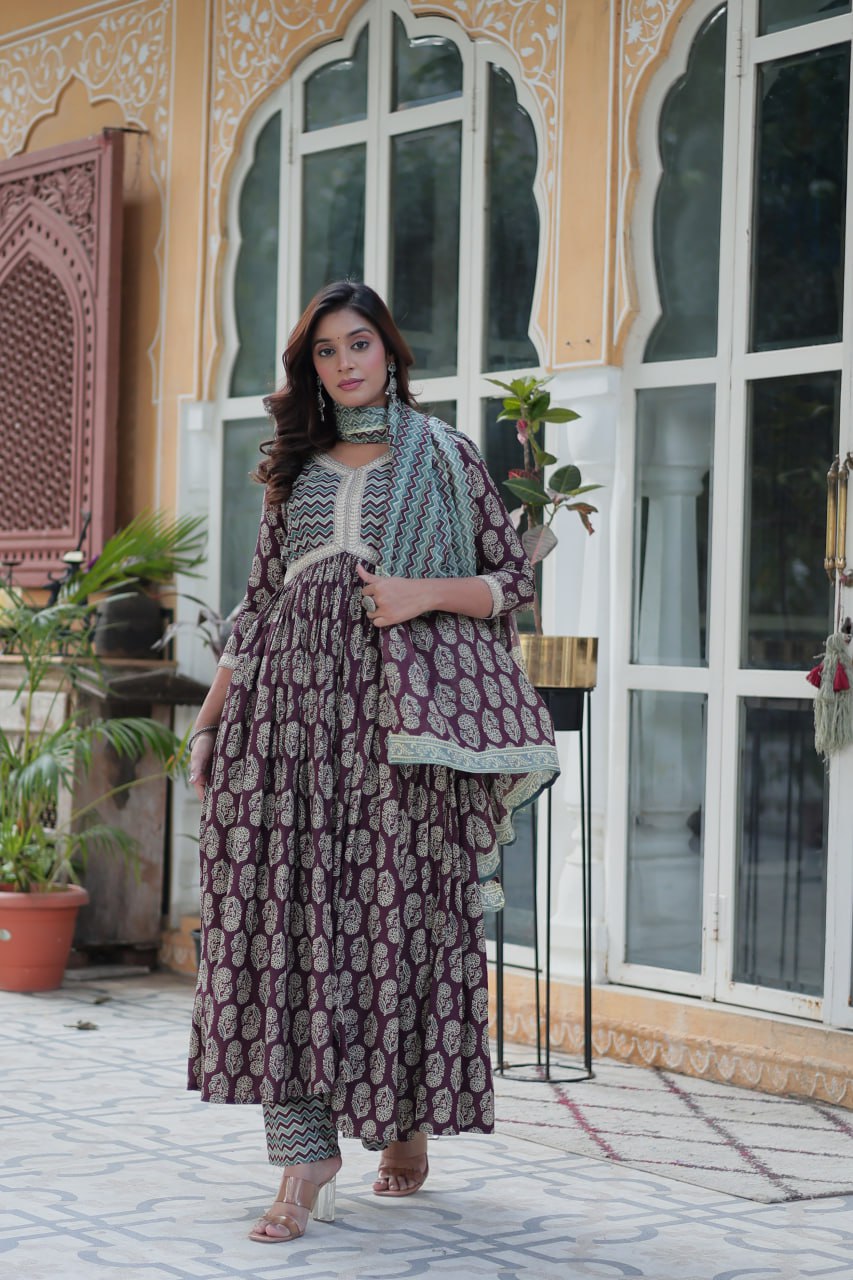 Wine Pure Cotton Readymade Kurti With Pant Dupatta Set