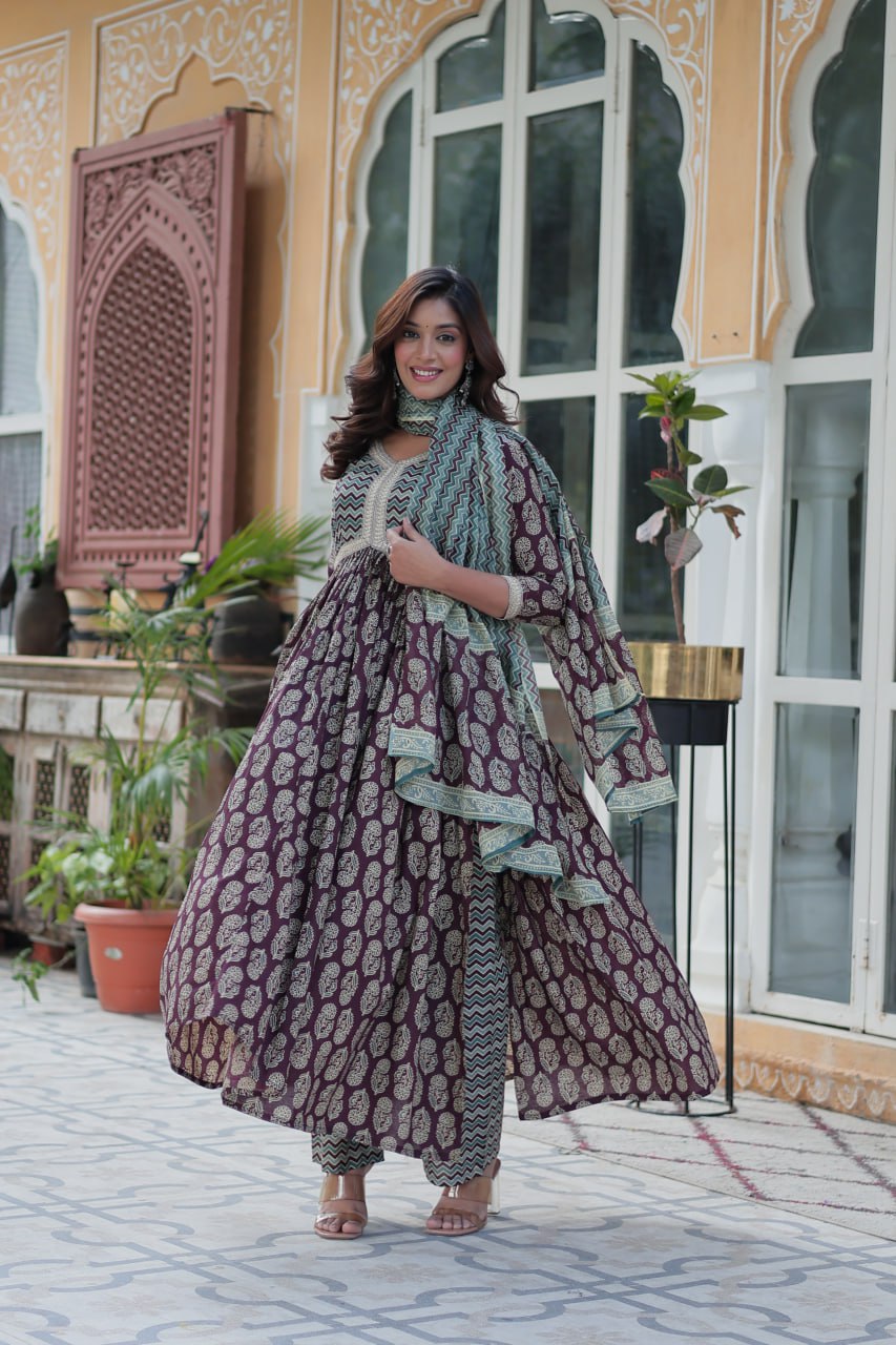 Wine Pure Cotton Readymade Kurti With Pant Dupatta Set