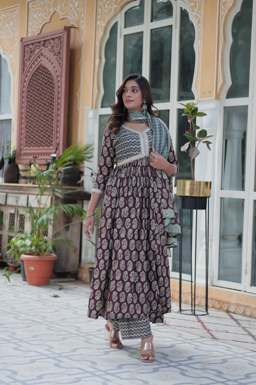 Wine Pure Cotton Readymade Kurti With Pant Dupatta Set