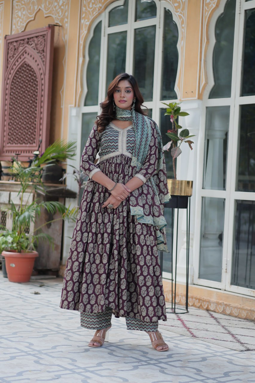Wine Pure Cotton Readymade Kurti With Pant Dupatta Set