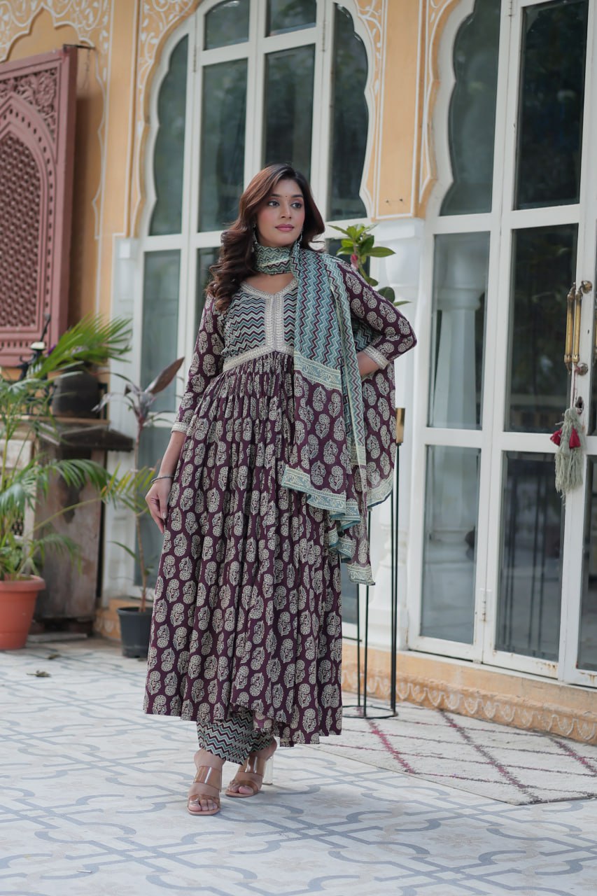 Wine Pure Cotton Readymade Kurti With Pant Dupatta Set