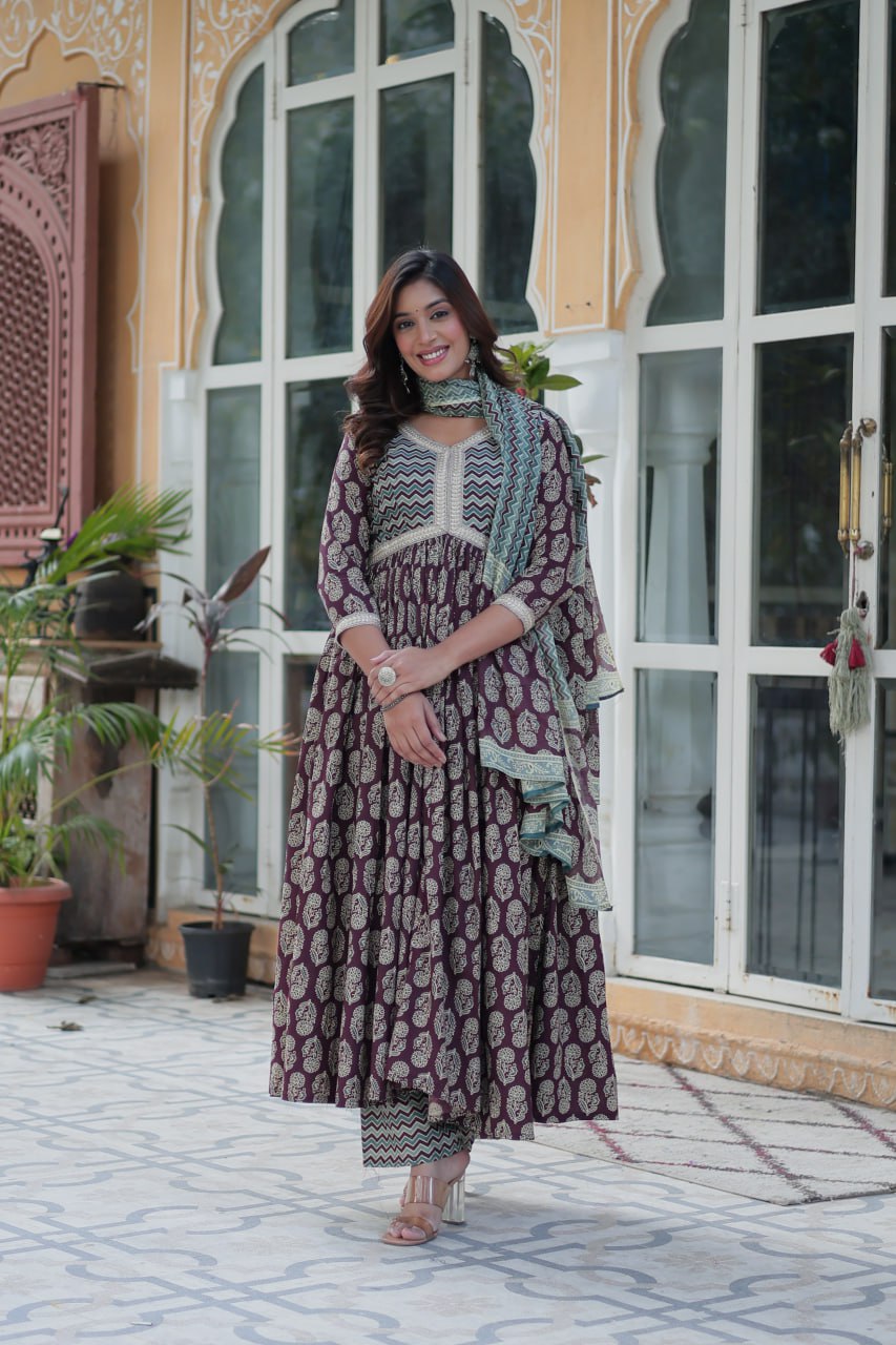 Wine Pure Cotton Readymade Kurti With Pant Dupatta Set