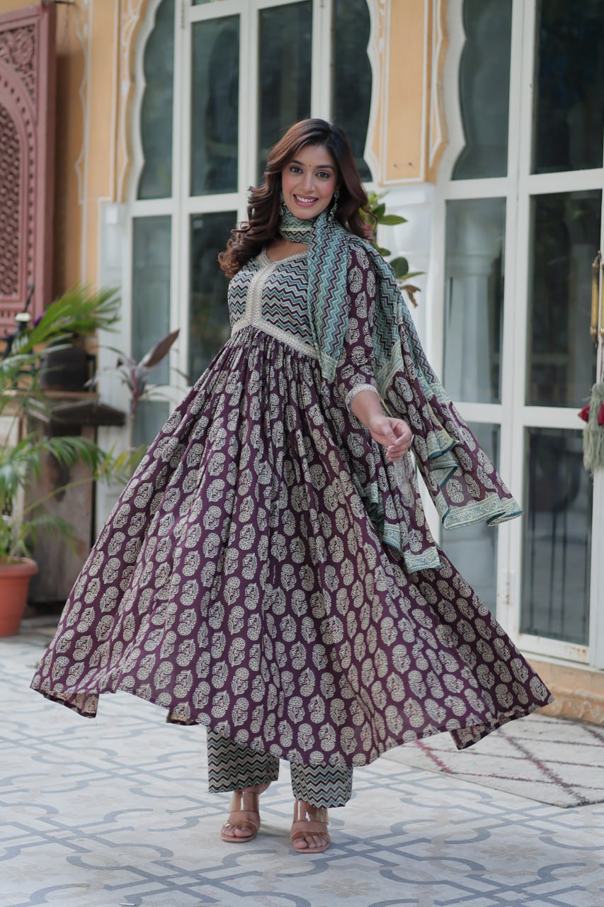 Wine Pure Cotton Readymade Kurti With Pant Dupatta Set