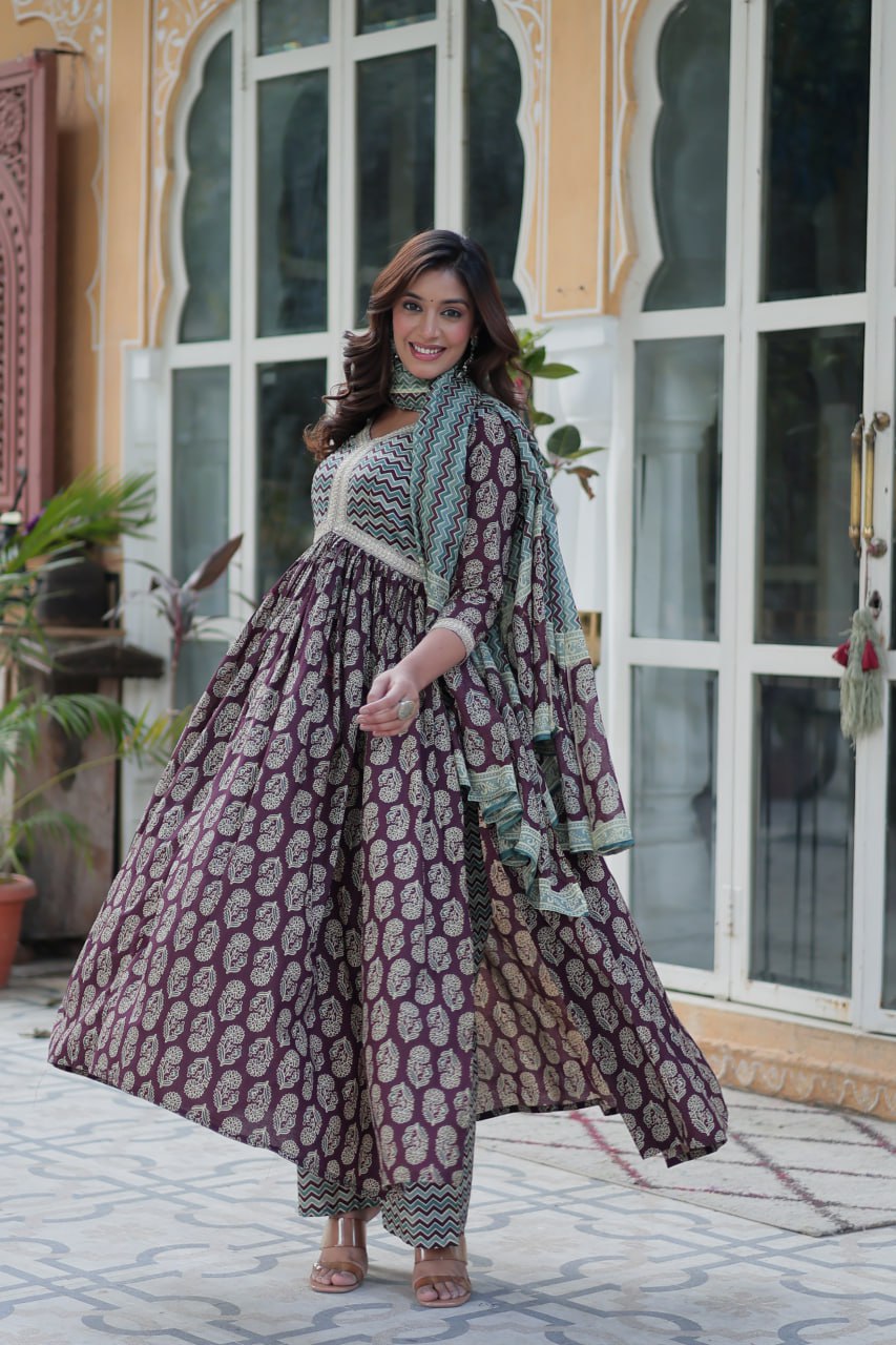 Wine Pure Cotton Readymade Kurti With Pant Dupatta Set