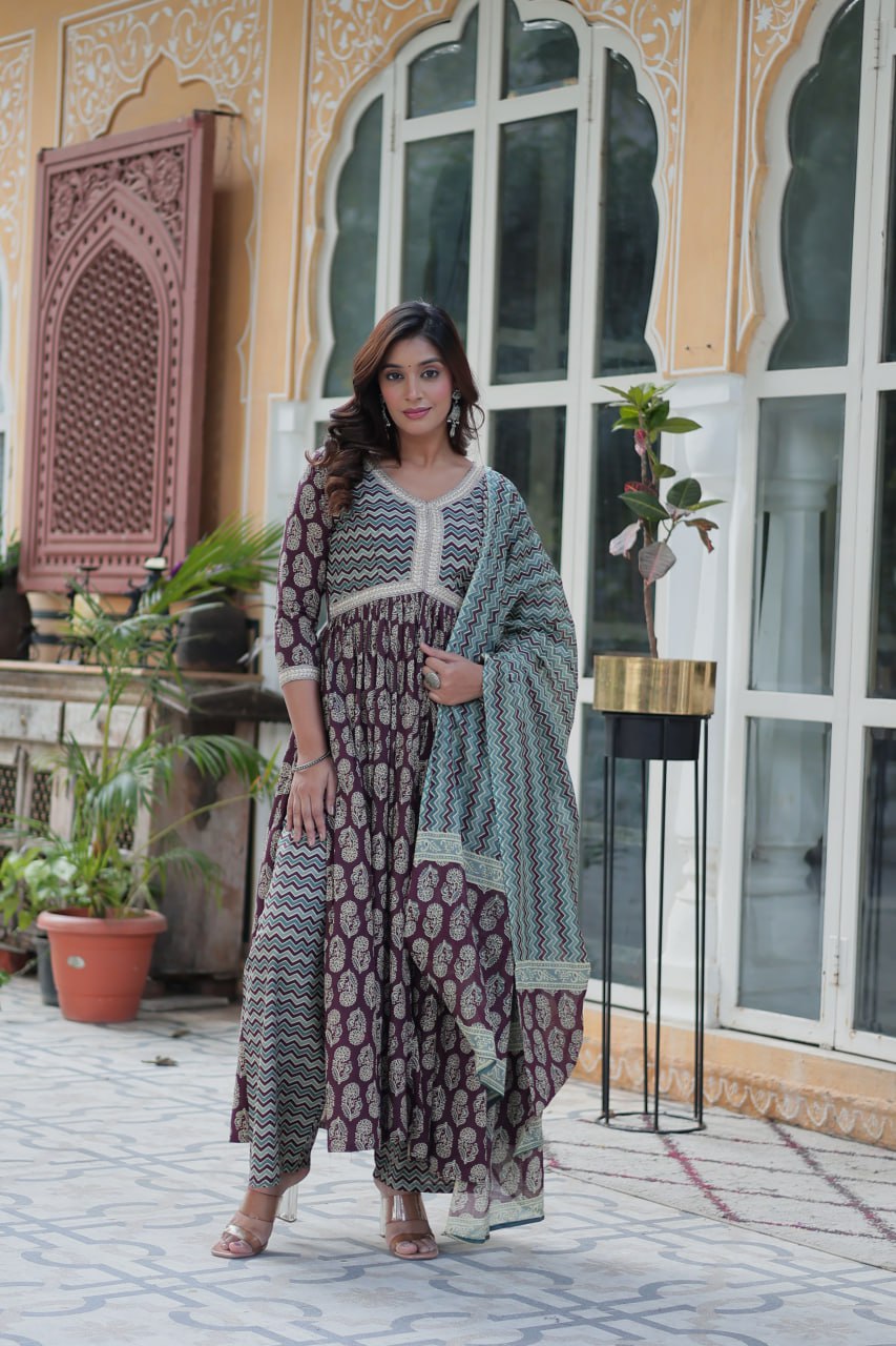 Wine Pure Cotton Readymade Kurti With Pant Dupatta Set