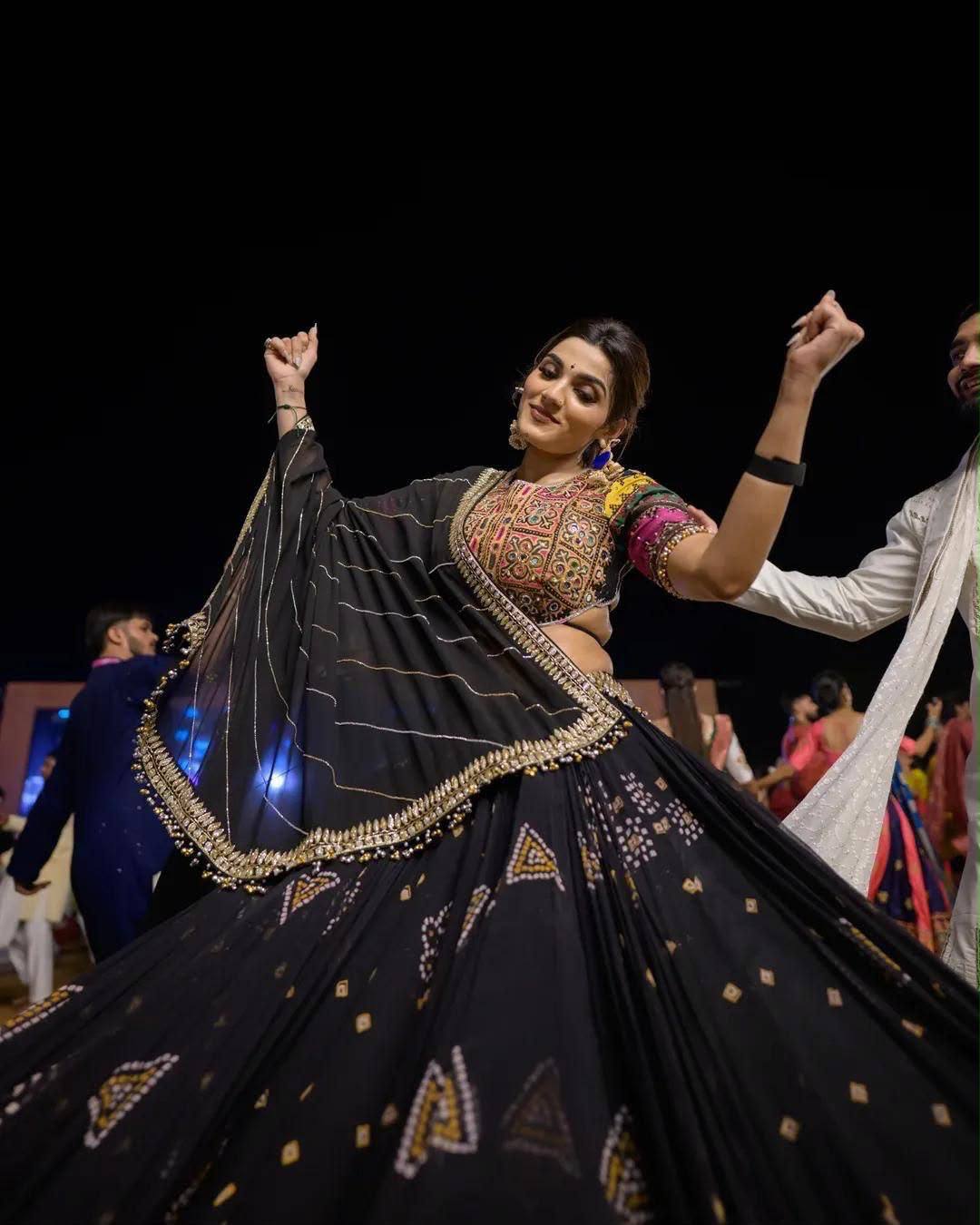 Black & Gold Heavy Muslin Cotton With Lampi Lace Border & Real Mirror Work Navratri Chaniya Choli Set