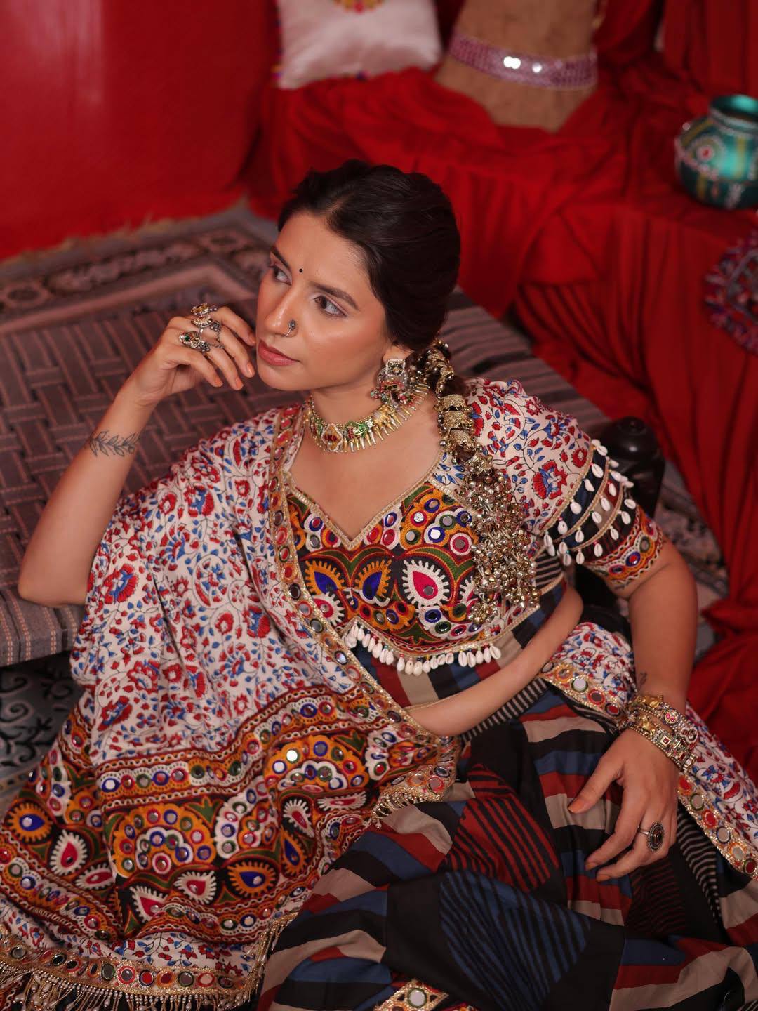 Multi-Color Striped Heavy Muslin Cotton With Real Mirror Work Navratri Chaniya Choli Set With White Kalamkari Dupatta