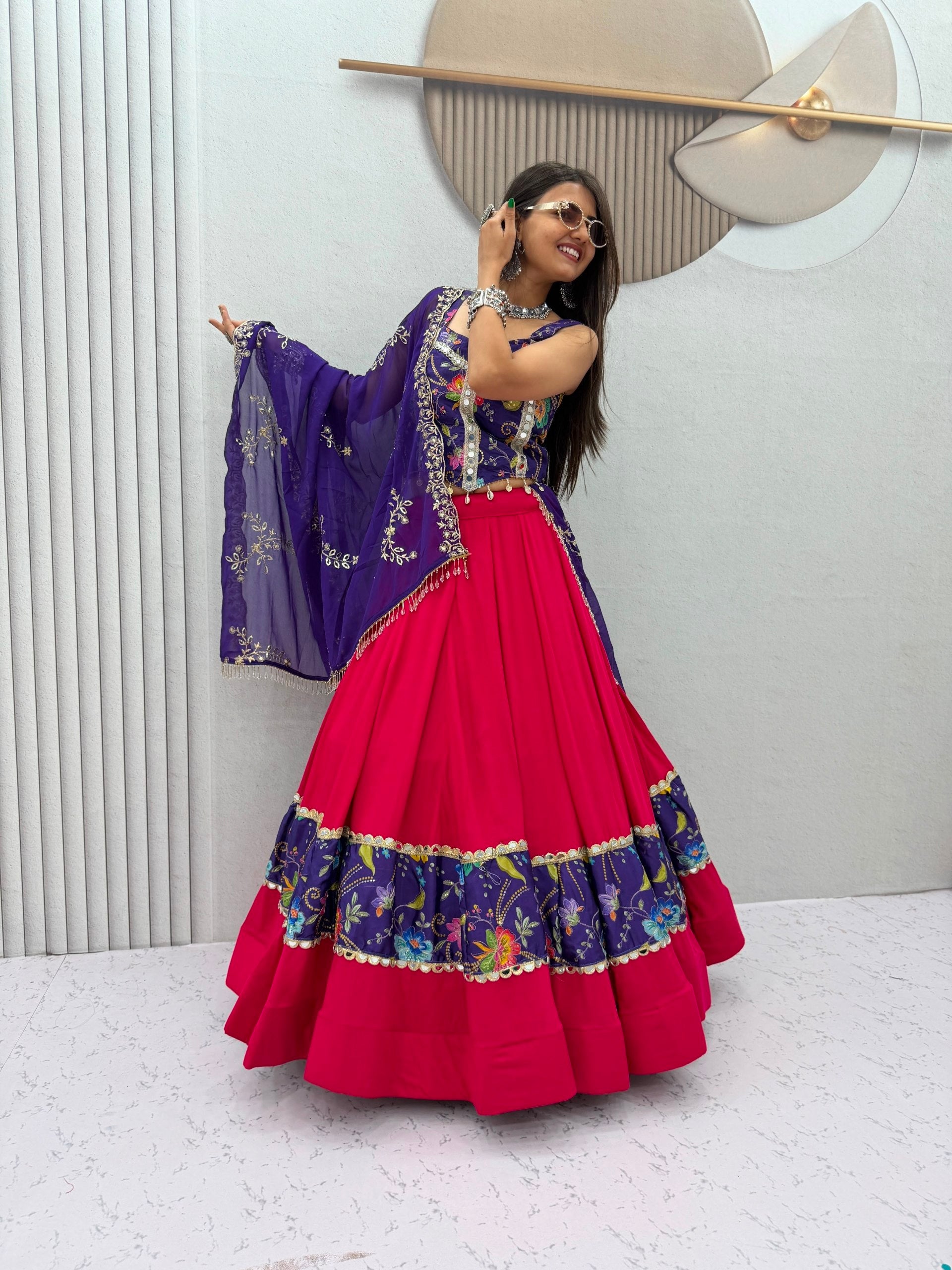 Pink & Purple Pure Cotton Real Mirror Work Position Print Navratri Chaniya Choli Set