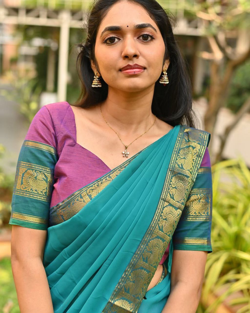 Pink Kanjivaram Silk Half Saree – Rama Green Contrast Zari Weaving Langa Voni Set