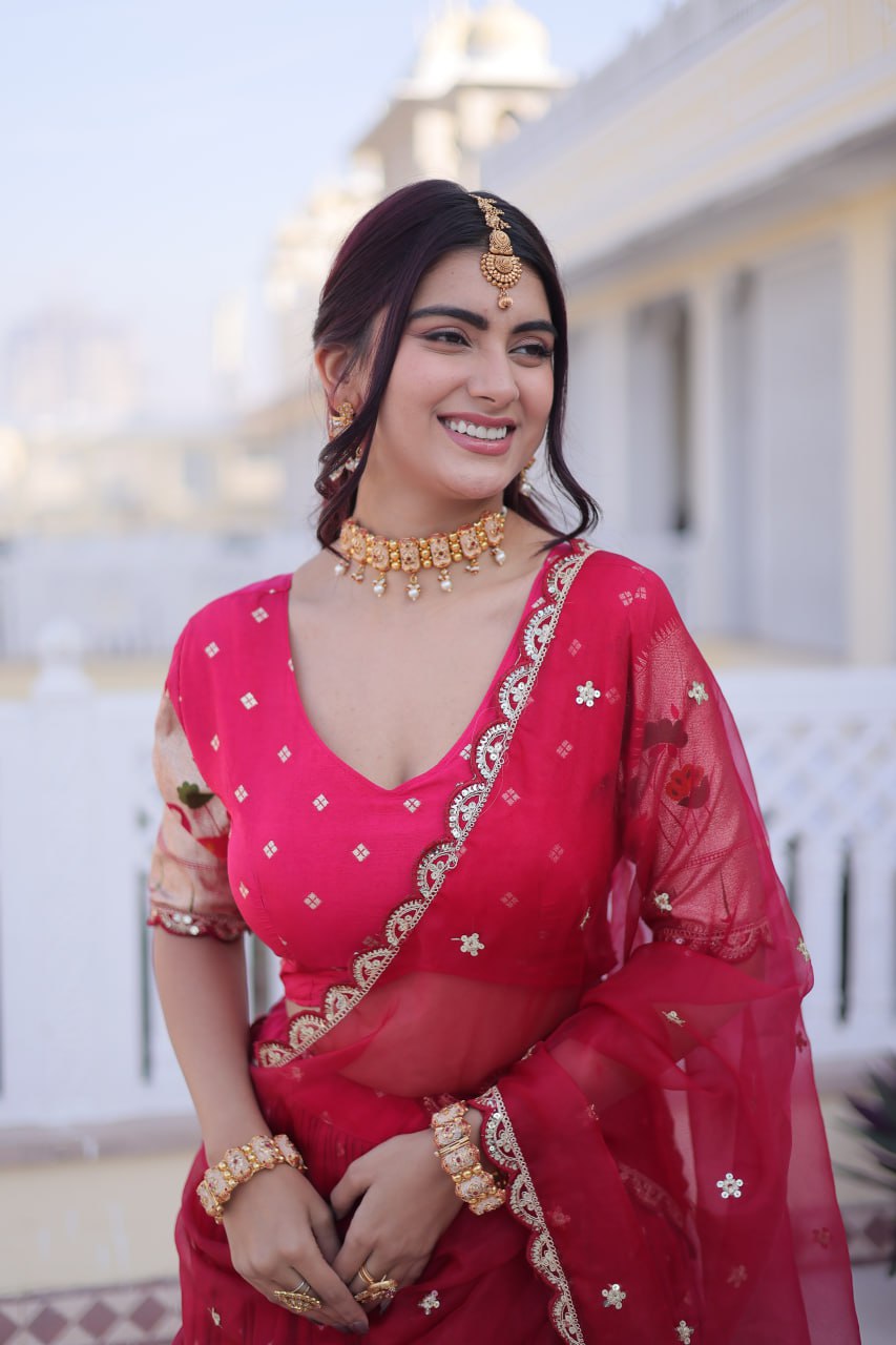 Pink Dola Silk With Meena Weaving With Sequins Coding Embroidered Lace Work Lehenga Choli