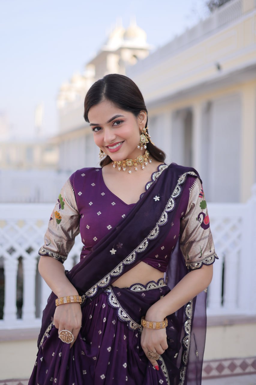 Wine Dola Silk With Meena Weaving With Sequins Coding Embroidered Lace Work Lehenga Choli