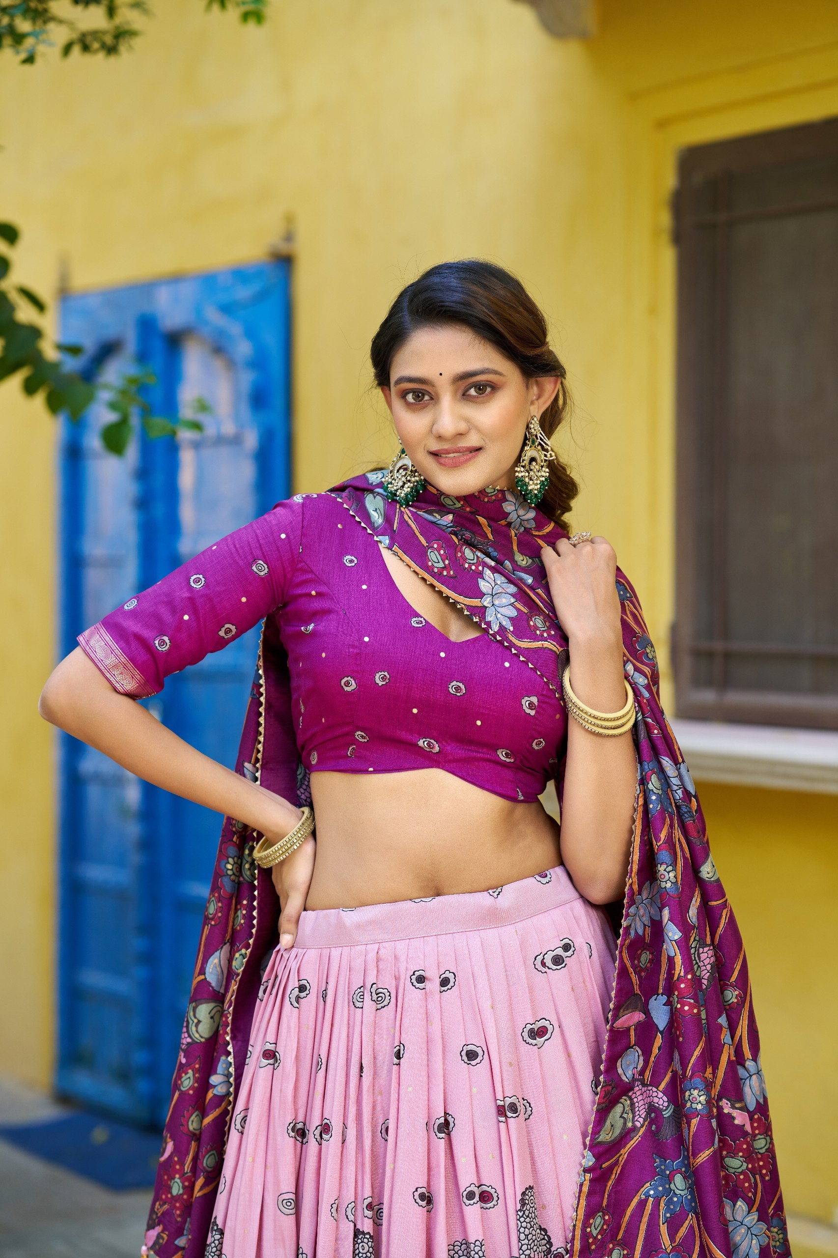 Pink & Purple Tasar Silk Kalamkari Print Lehenga Choli – Festive Foil Work Border Set