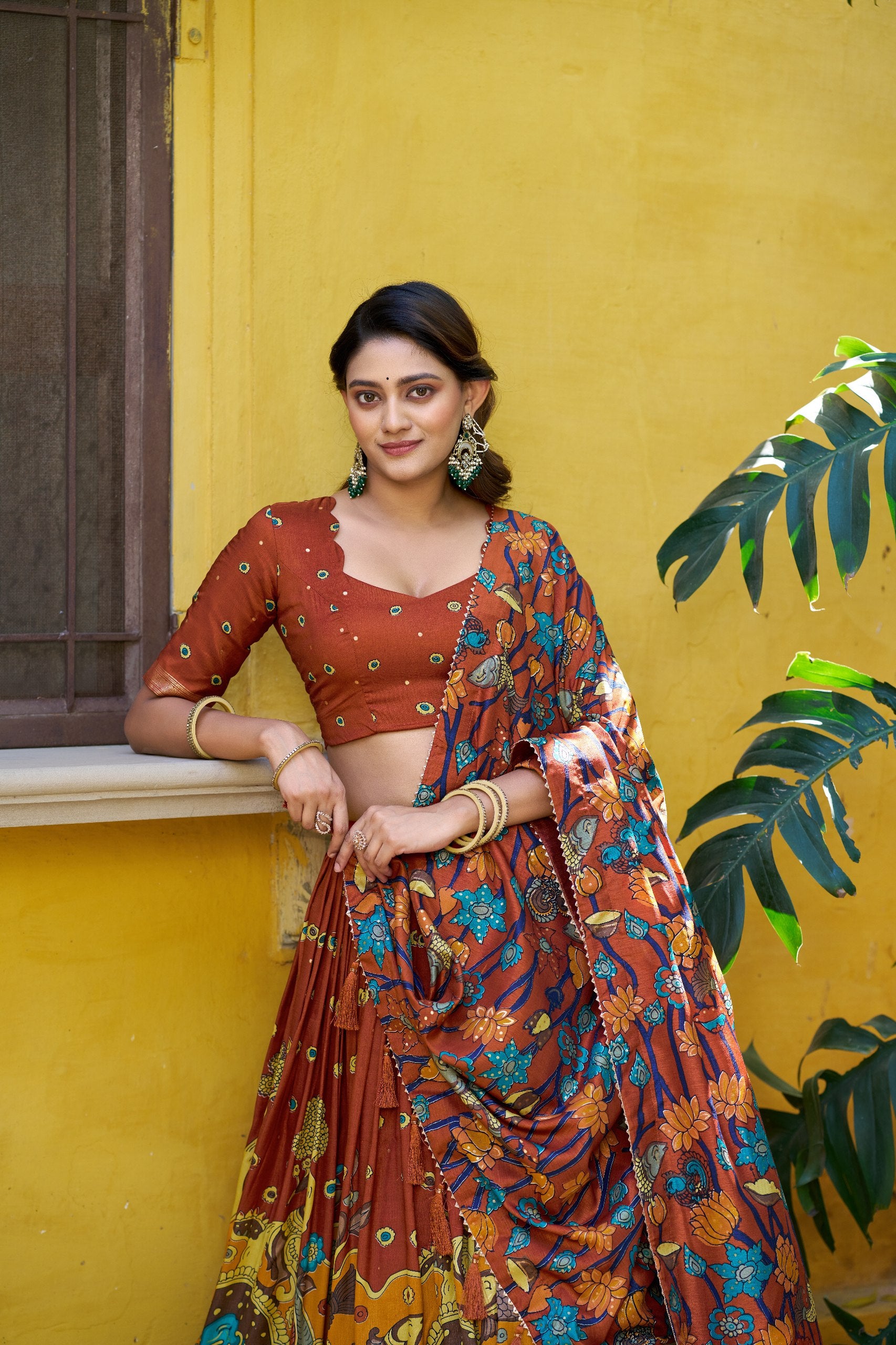 Rust Brown Tasar Silk Kalamkari Print Lehenga Choli – Festive Foil Work Border Set