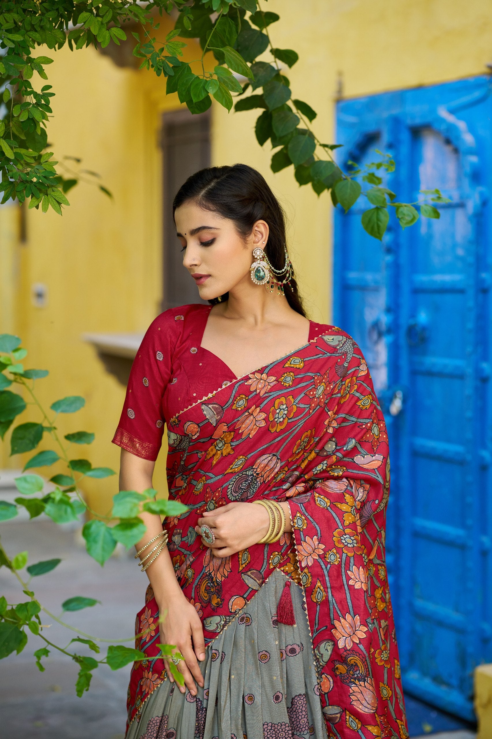 Grey & Cherry Red Tasar Silk Kalamkari Print Lehenga Choli – Festive Foil Work Border Set