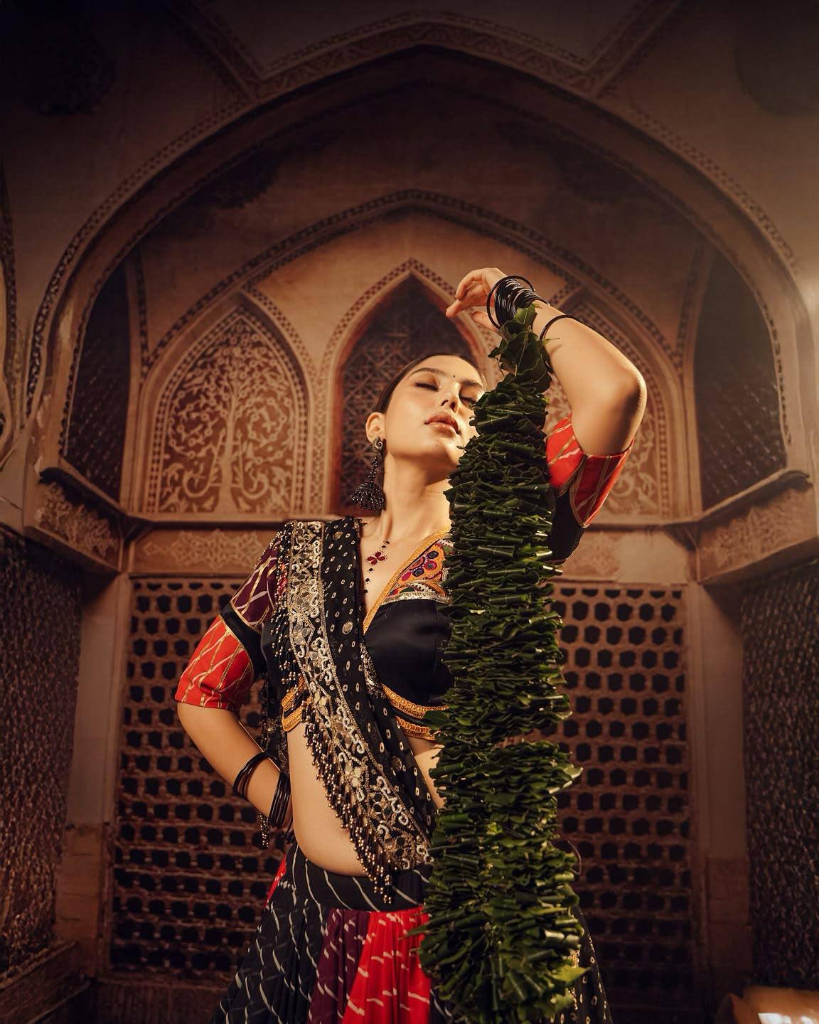Multi-Color Black & Red Heavy Muslin Cotton With Canvas Patta, Lampi Lace Border & Real Mirror Work Navratri Chaniya Choli Set