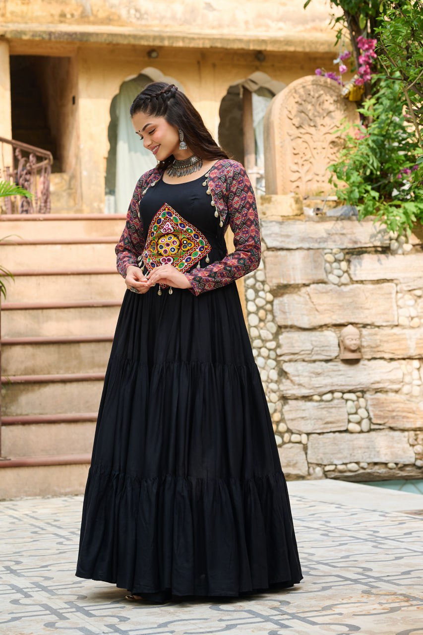 Black Reyon With Kutchi Gamthi Embroidered Work Navratri Gown