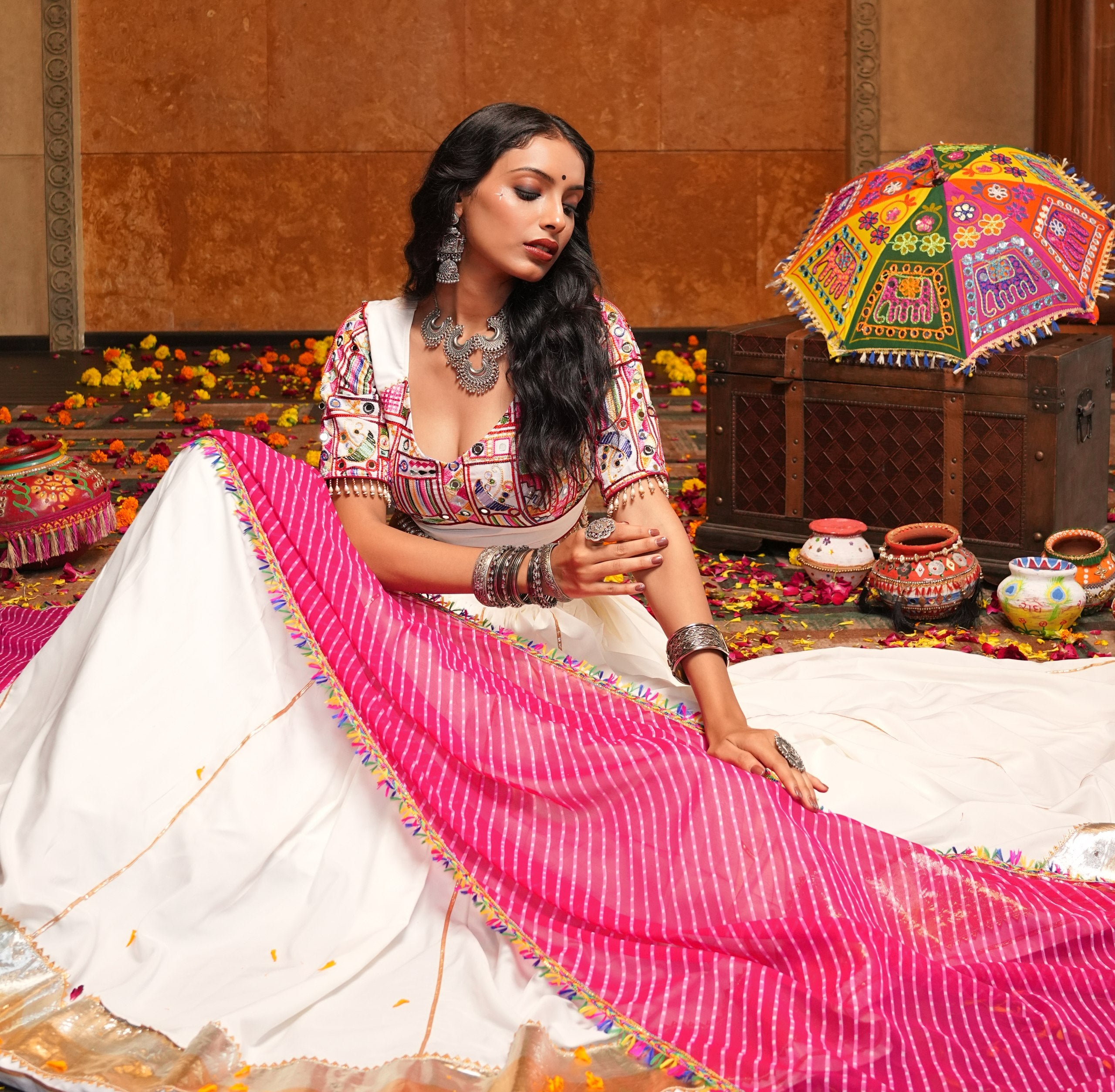 Off-White & Pink Crepe Navratri Lehenga Choli with Gota Patti Lace, Embroidery & Mirror Work