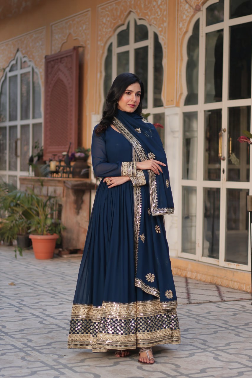 Dark Teal Blue Faux Blooming With Embroidery Zari Sequins Work Gown