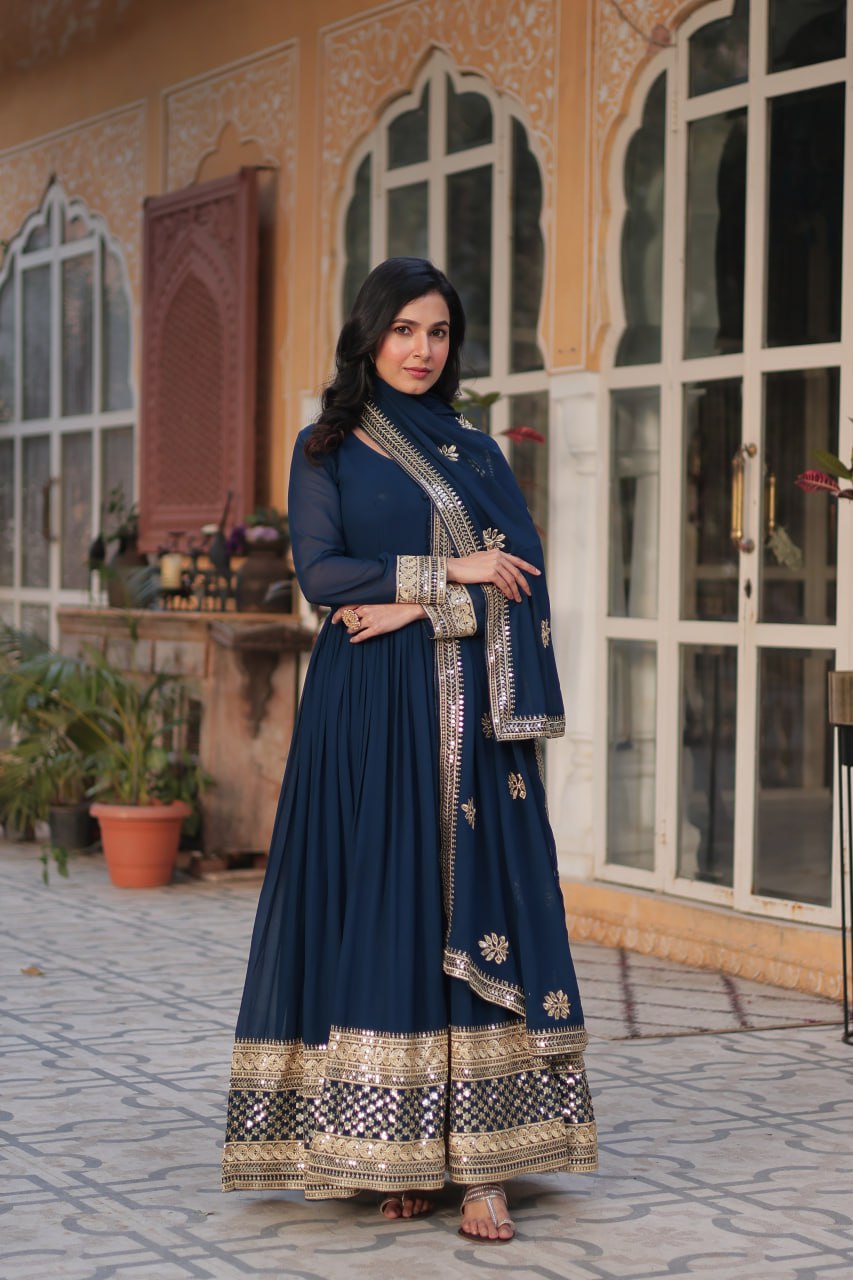 Dark Teal Blue Faux Blooming With Embroidery Zari Sequins Work Gown