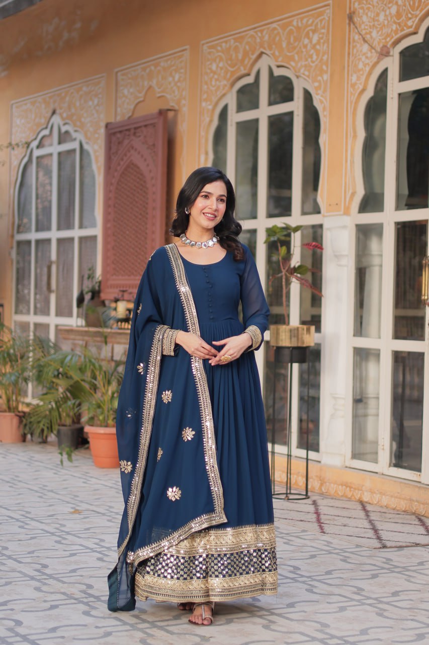 Dark Teal Blue Faux Blooming With Embroidery Zari Sequins Work Gown