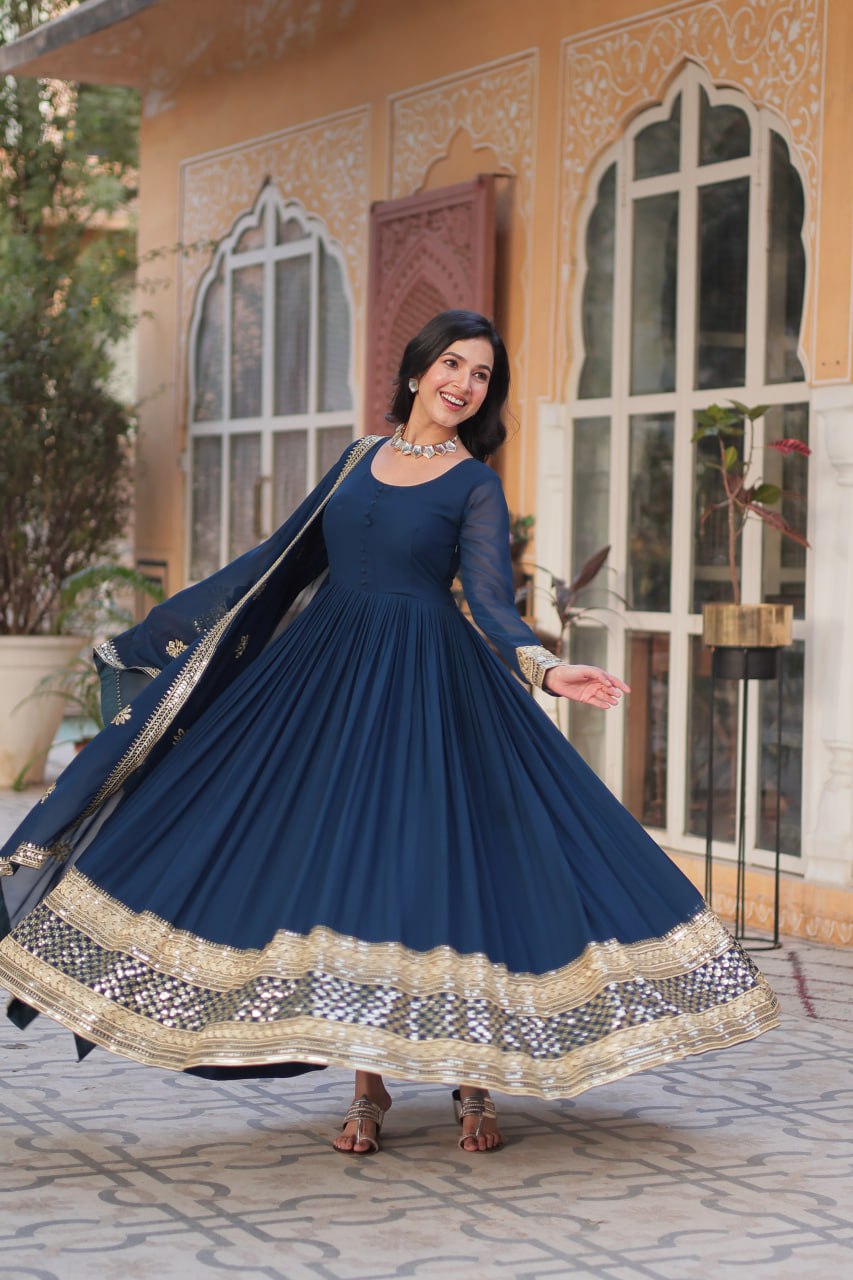 Dark Teal Blue Faux Blooming With Embroidery Zari Sequins Work Gown