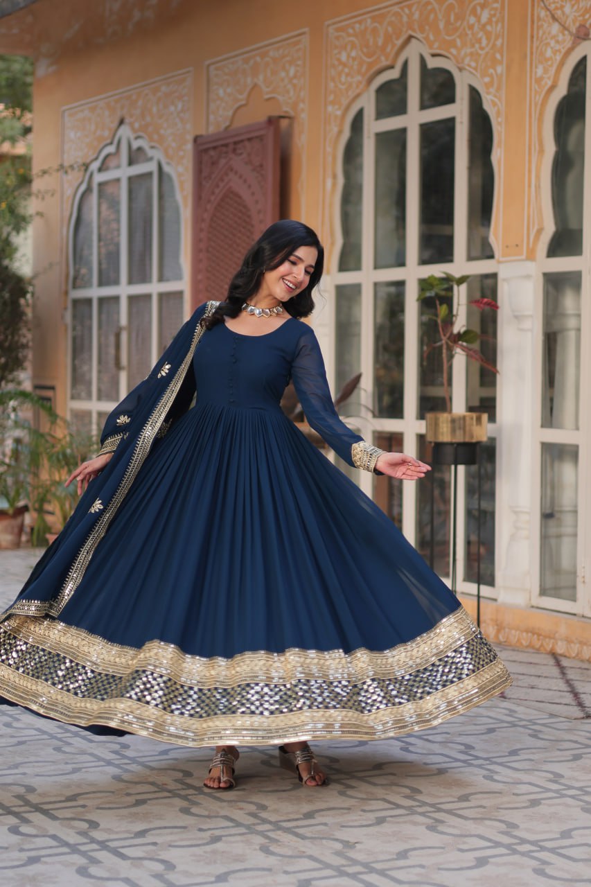 Dark Teal Blue Faux Blooming With Embroidery Zari Sequins Work Gown