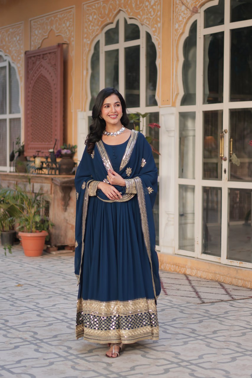 Dark Teal Blue Faux Blooming With Embroidery Zari Sequins Work Gown