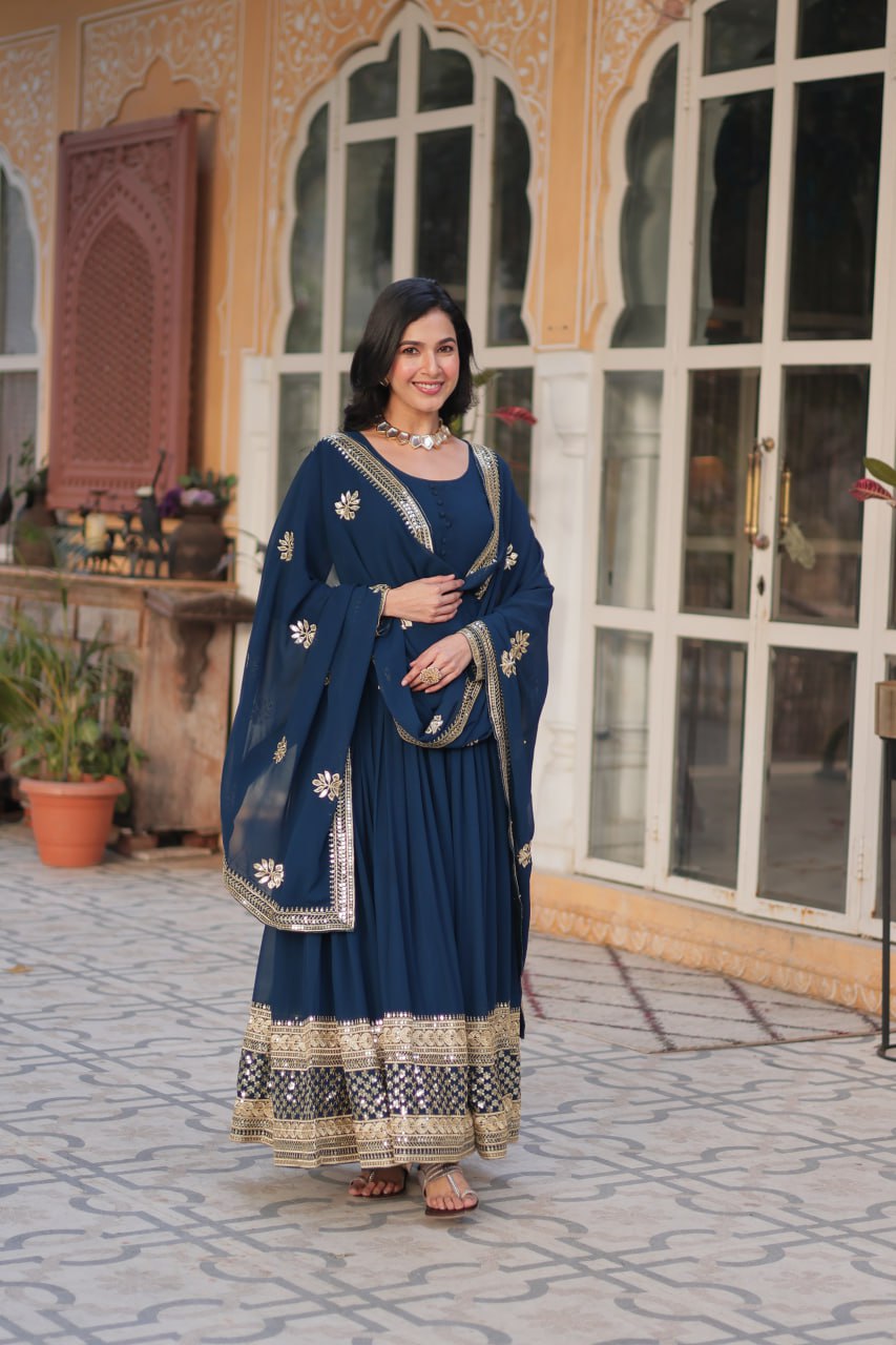 Dark Teal Blue Faux Blooming With Embroidery Zari Sequins Work Gown