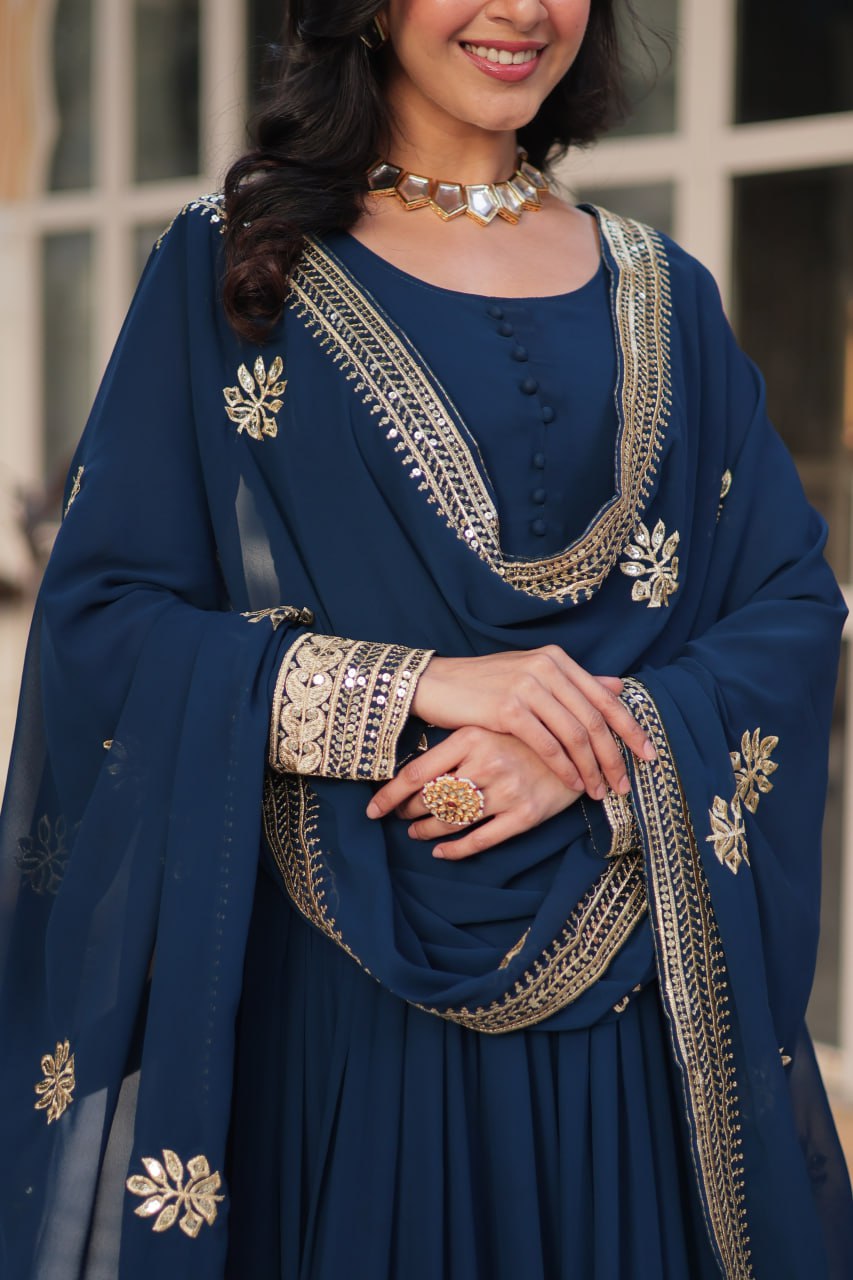 Dark Teal Blue Faux Blooming With Embroidery Zari Sequins Work Gown