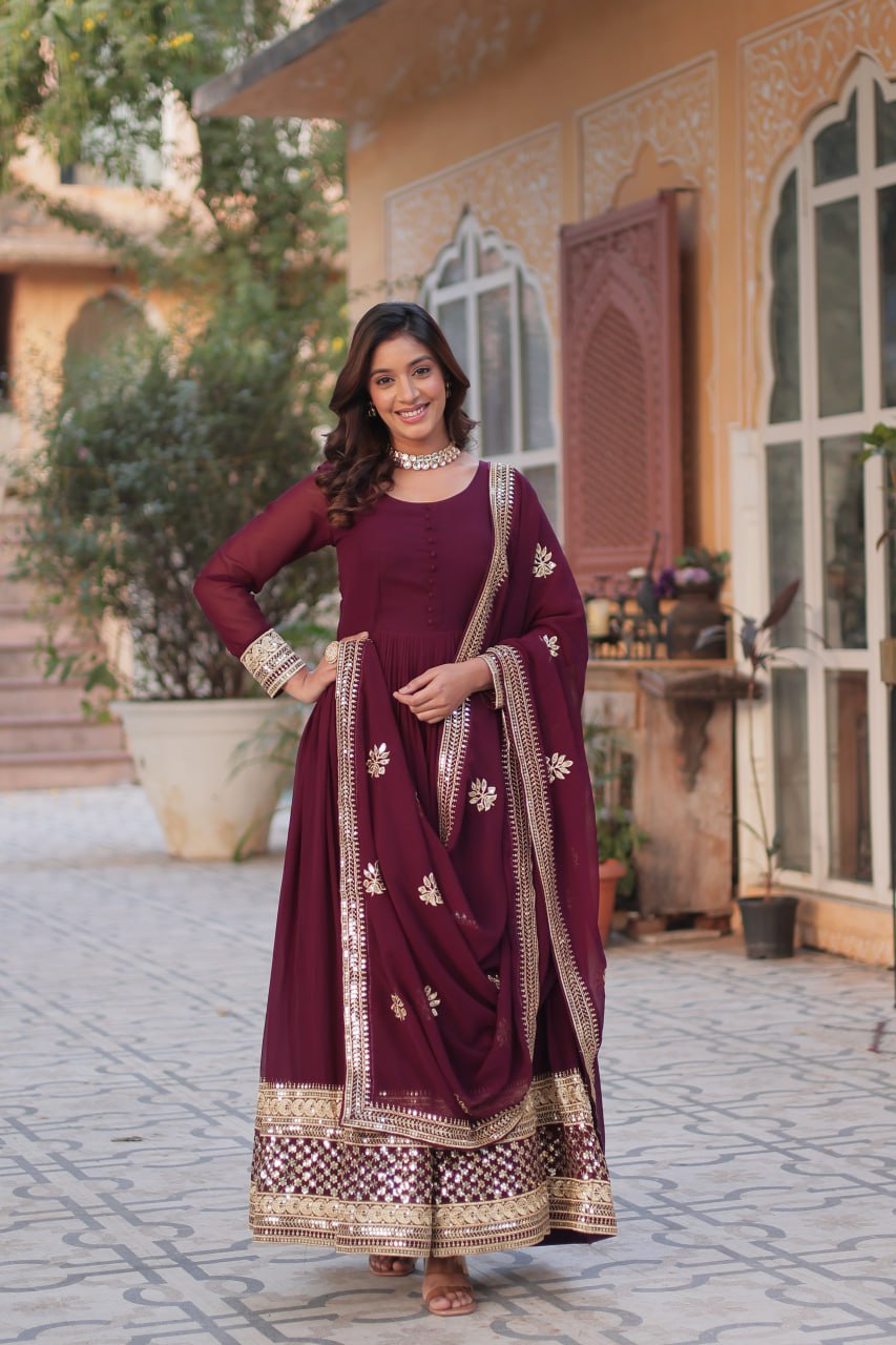 Wine Faux Blooming With Embroidery Zari Sequins Work Gown