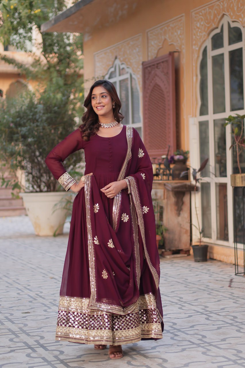 Wine Faux Blooming With Embroidery Zari Sequins Work Gown
