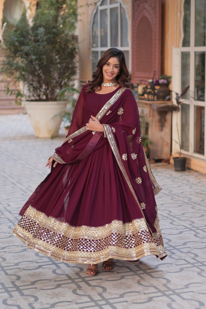 Wine Faux Blooming With Embroidery Zari Sequins Work Gown