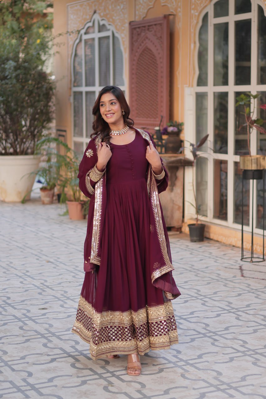 Wine Faux Blooming With Embroidery Zari Sequins Work Gown