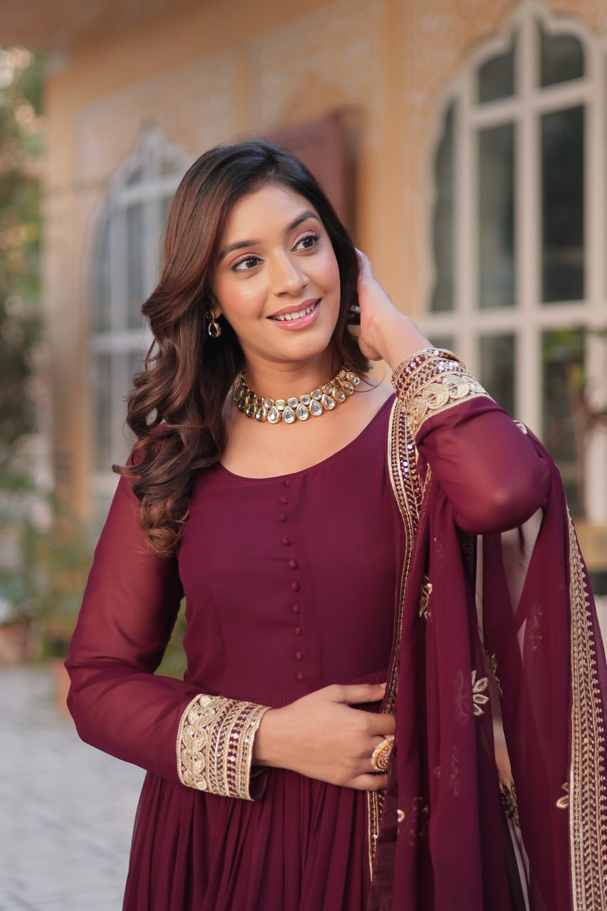 Wine Faux Blooming With Embroidery Zari Sequins Work Gown