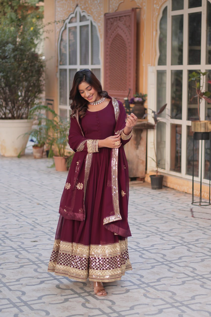 Wine Faux Blooming With Embroidery Zari Sequins Work Gown