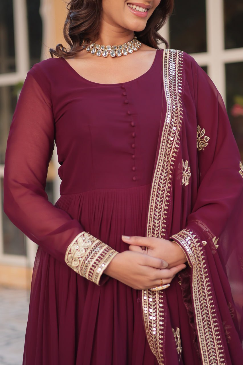 Wine Faux Blooming With Embroidery Zari Sequins Work Gown