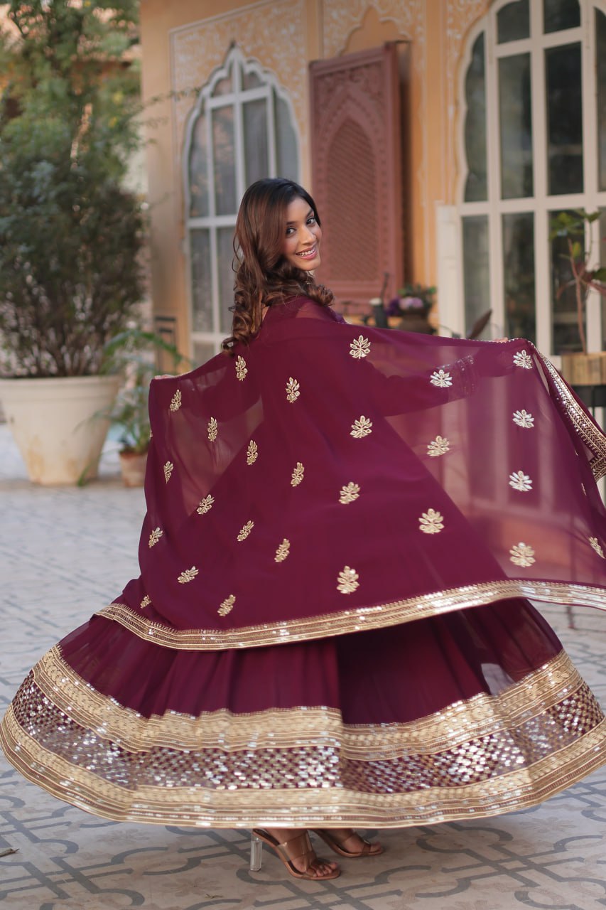 Wine Faux Blooming With Embroidery Zari Sequins Work Gown