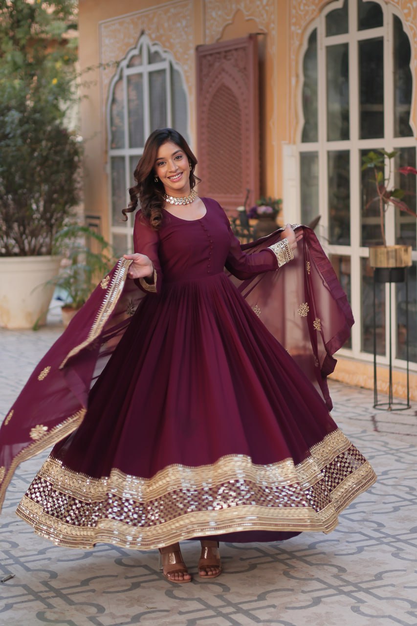 Wine Faux Blooming With Embroidery Zari Sequins Work Gown