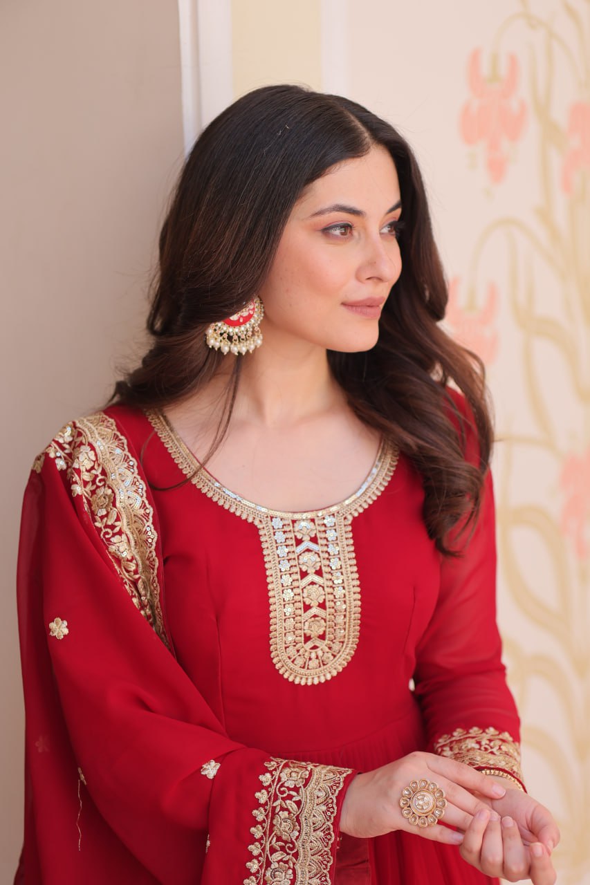 Maroon Faux Blooming Georgette With Zari Sequins Embroidered Work Gown