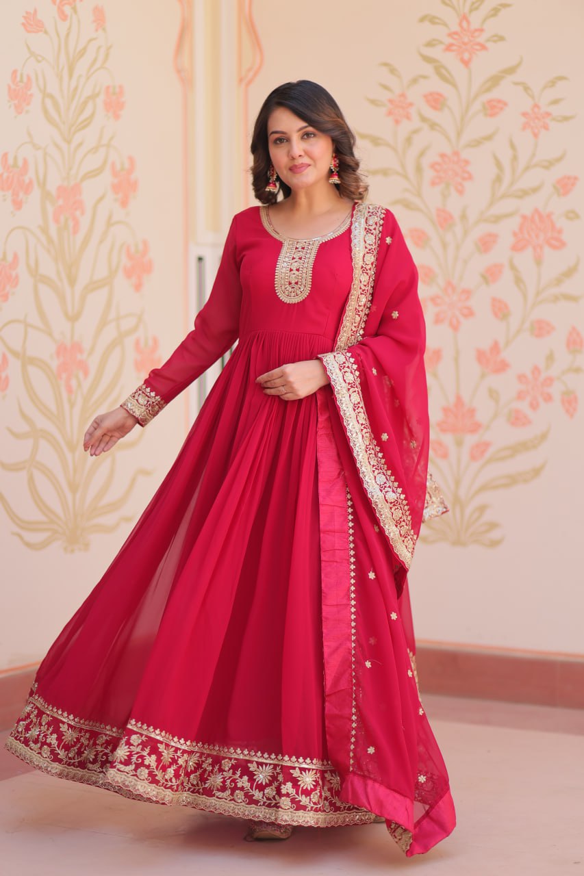 Rani Faux Blooming Georgette With Zari Sequins Embroidered Work Gown