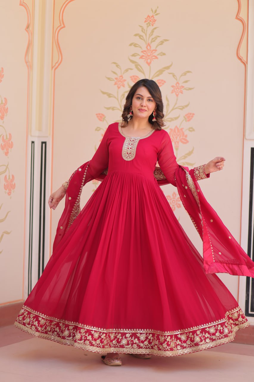 Rani Faux Blooming Georgette With Zari Sequins Embroidered Work Gown