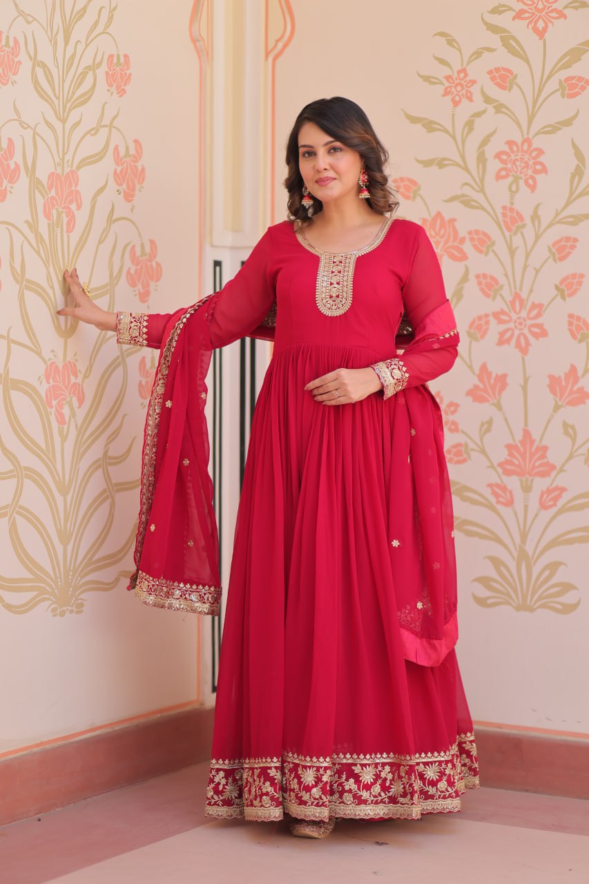 Rani Faux Blooming Georgette With Zari Sequins Embroidered Work Gown